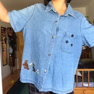Collar Denim Short Sleeve Cat Button Up
